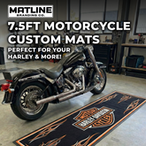 Motorcycle custom mat with Harley-Davidson logo in a garage setting, featuring Matline Branding Co. branding.