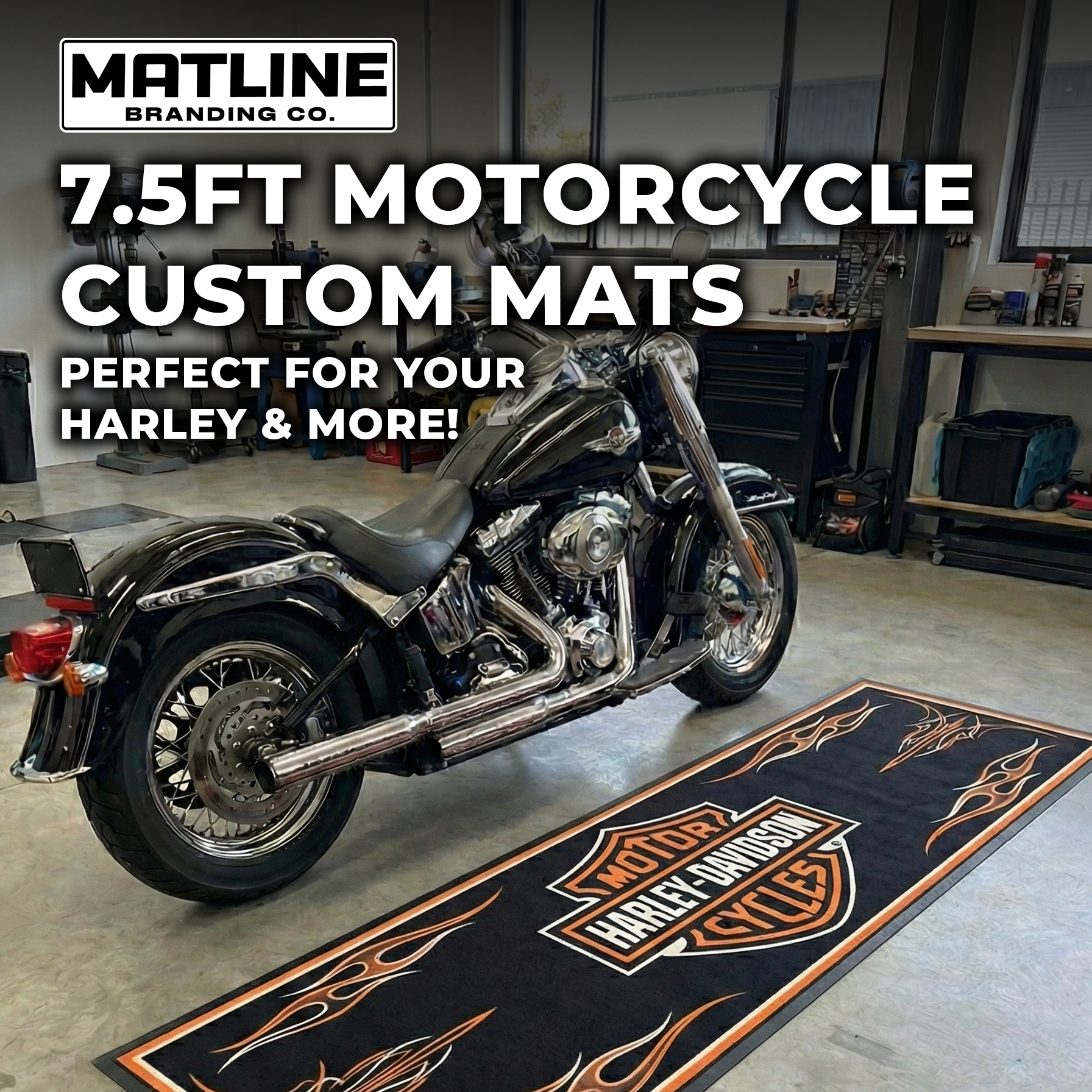 Motorcycle custom mat with Harley-Davidson logo in a garage setting, featuring Matline Branding Co. branding.