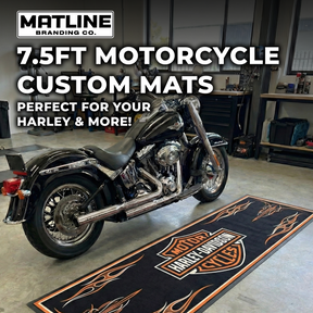 Motorcycle custom mat with Harley-Davidson logo in a garage setting, featuring Matline Branding Co. branding.
